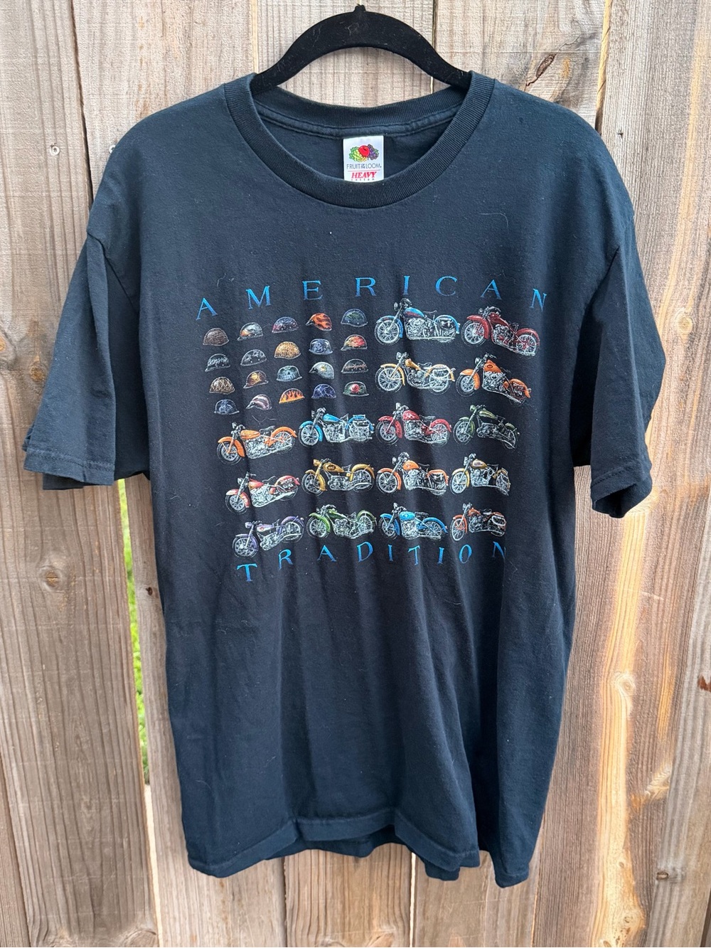 Vintage Black Graphic Tee with Multicolored Motorcycle Print Size L